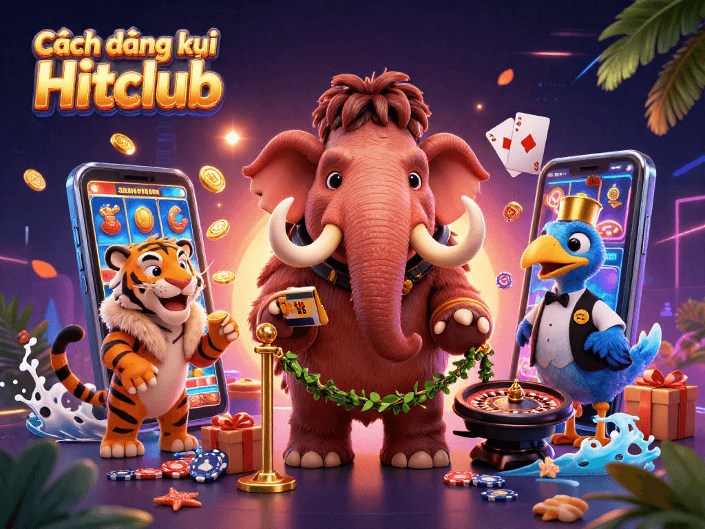 Cách đăng ký Hitclub: Vibrant 3D scene with cartoon characters at a casino bouncer checking IDs and exciting gaming elements