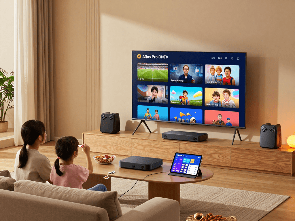 Utilisation de l'application Atlas Pro sur une Smart TV, montrant une famille profitant de divers contenus de divertissement.