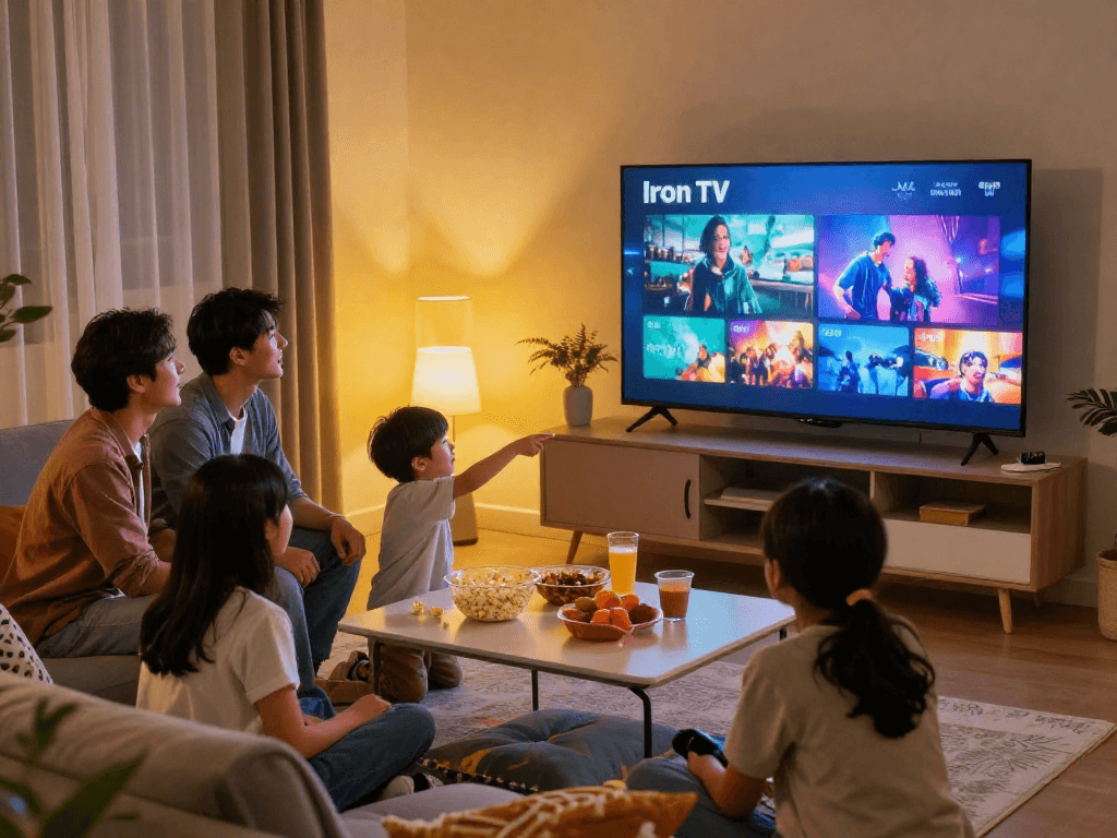 Expérience de visionnage familial avec Iron TV dans un salon confortable.
