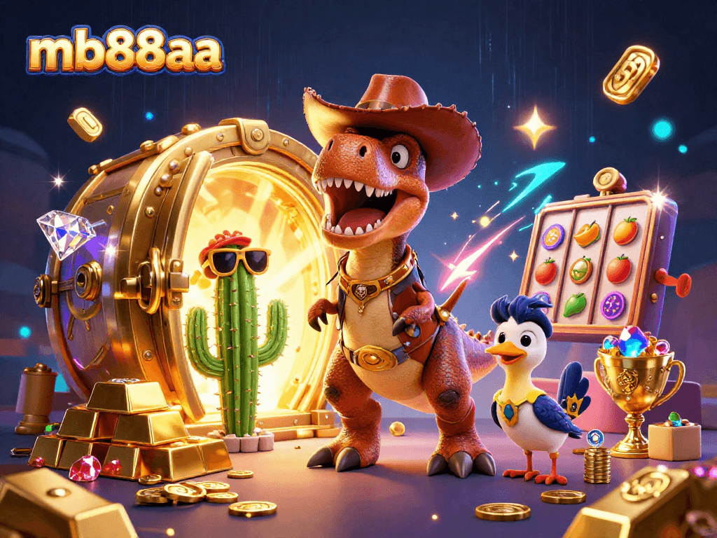 Spin the reels at mb88aa with a lively cowboy T-Rex, treasure, and slot symbols!