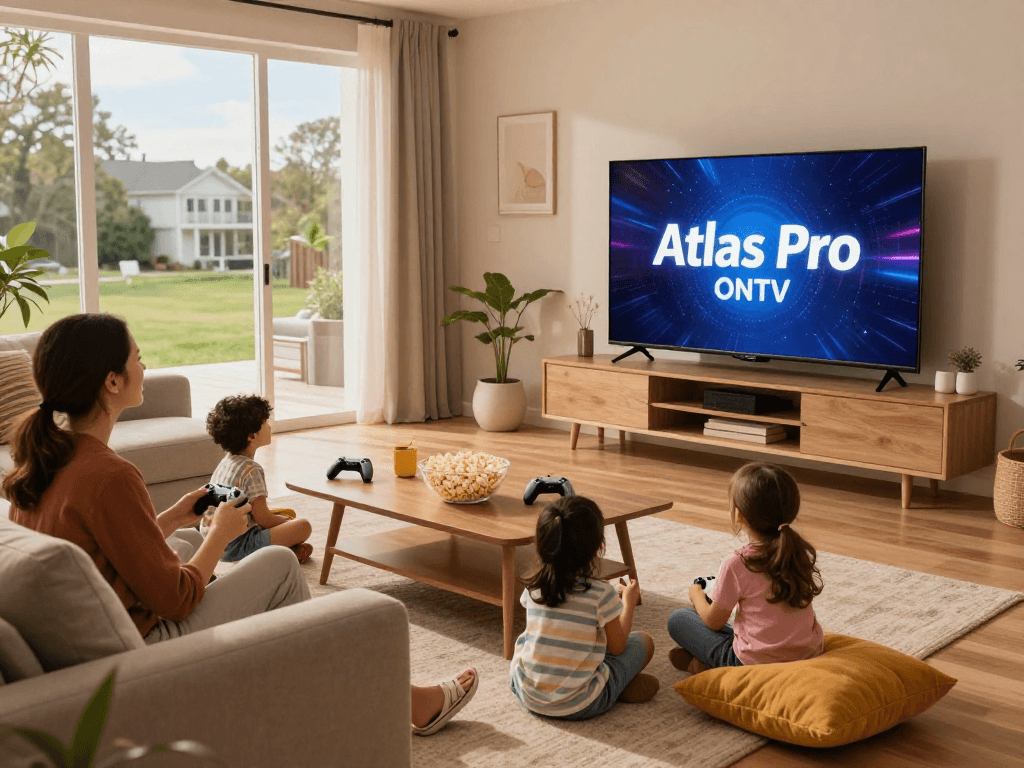 Famille profitant d'Atlas Pro ONTV dans un salon chaleureux avec télévision, Popcorn et ambiance conviviale.