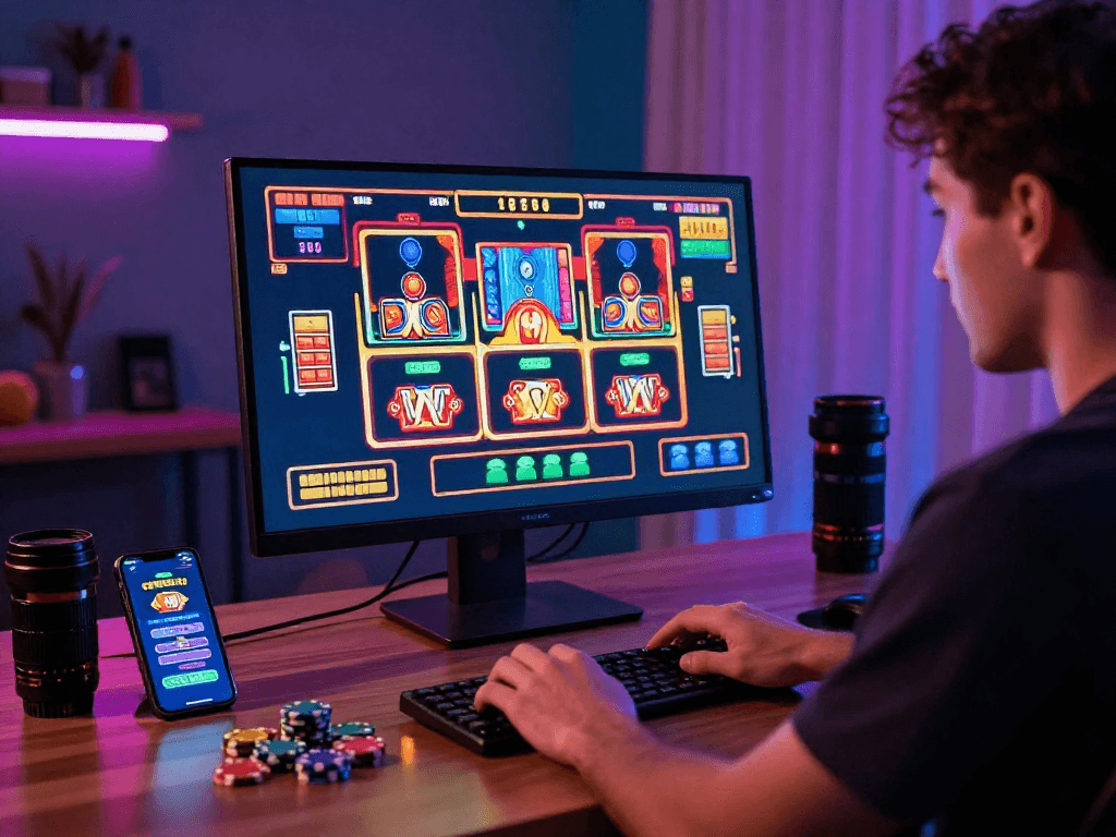 Un joueur de nouveau casino en ligne profitant d'une expérience immersive avec un écran vibrant et des jetons de casino sur son bureau.